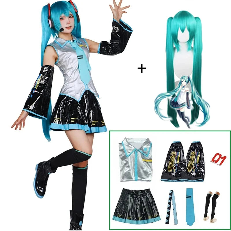 Miku Cosplay Full Set Silver Leather Fabric Suit