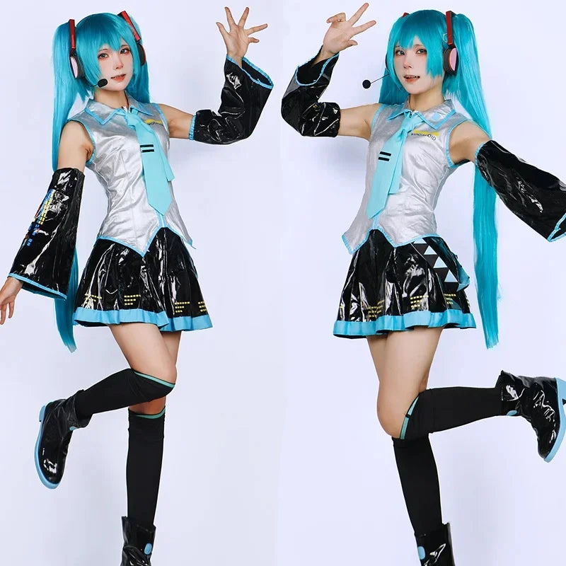 Miku Cosplay Full Set Silver Leather Fabric Suit