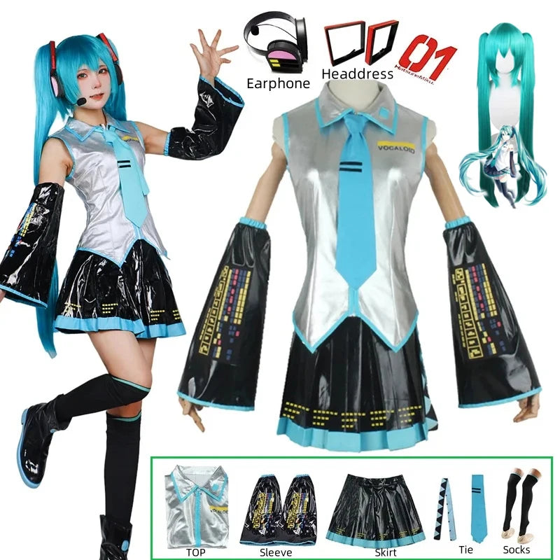 Miku Cosplay Full Set Silver Leather Fabric Suit