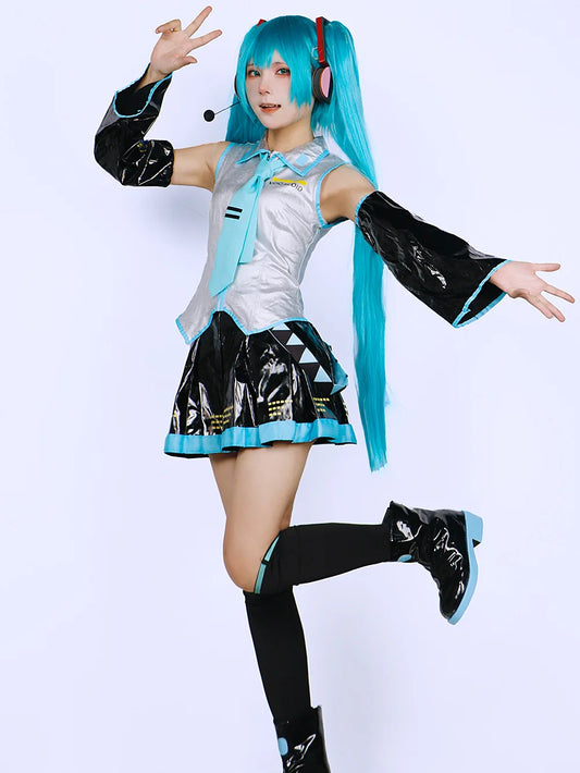 Miku Cosplay Full Set Silver Leather Fabric Suit